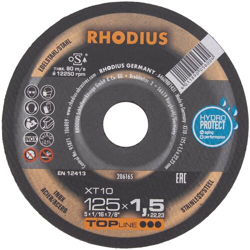 Отрезной прямой тонкий диск RHODIUS по стали XT10 для болгарки/УШМ, чистый рез без искр, 125 x 1,5 x 22,23 мм