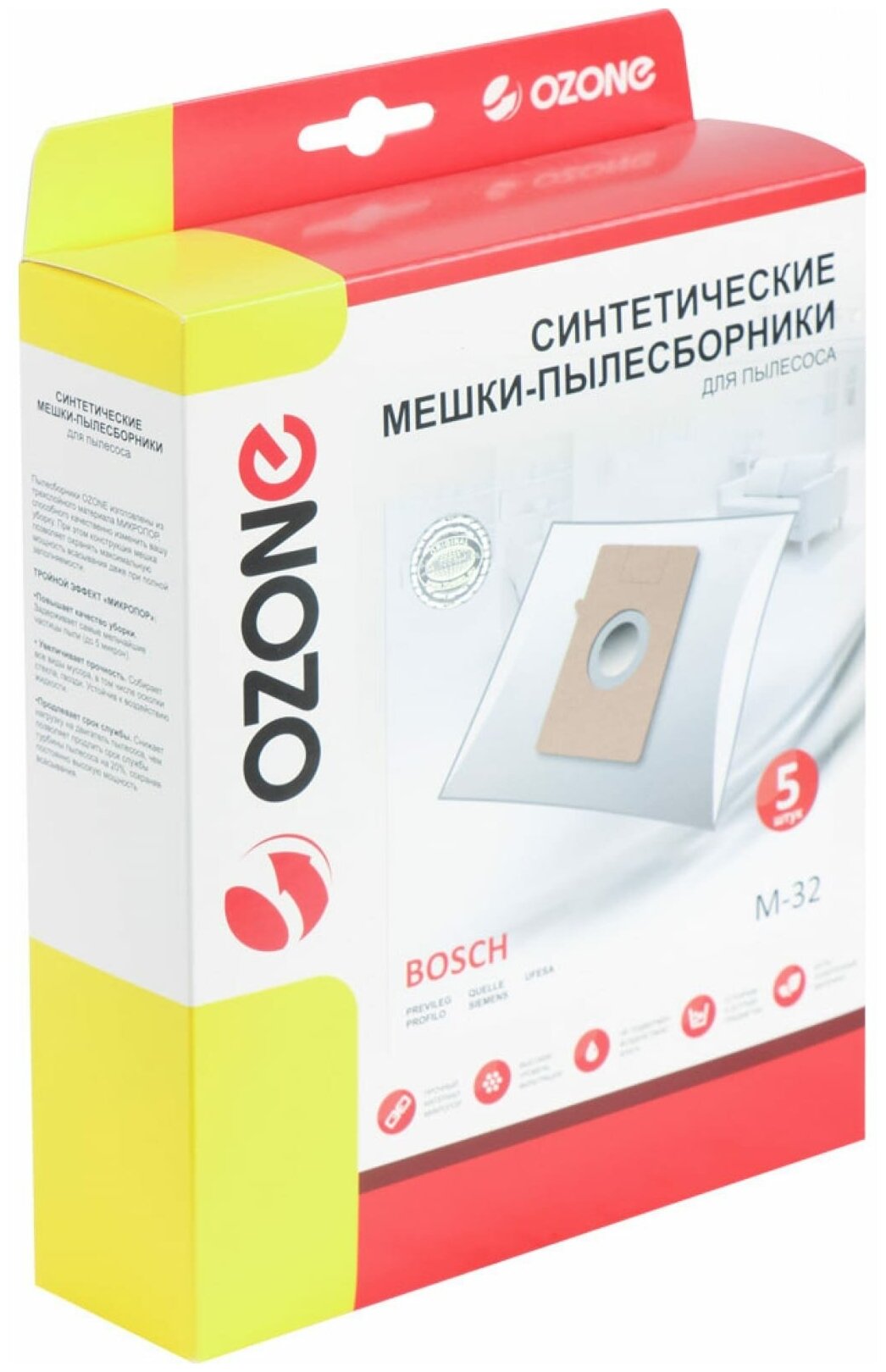 M-32 Мешки-пылесборники Ozone синтетические для пылесоса, 5 шт + микрофильтр - фотография № 3