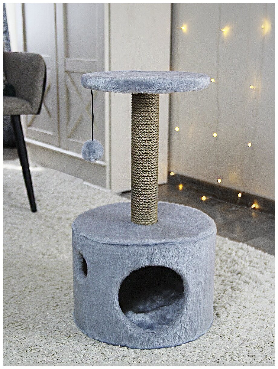 Когтеточка YUGA для кошек с домиком, с лежанкой, с игрушкой, 36х36х63см, серый - фотография № 3