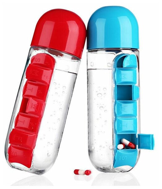 Бутылка-органайзер для таблеток на неделю, таблеточница органайзер для витаминов. 600 мл, красная - фотография № 3