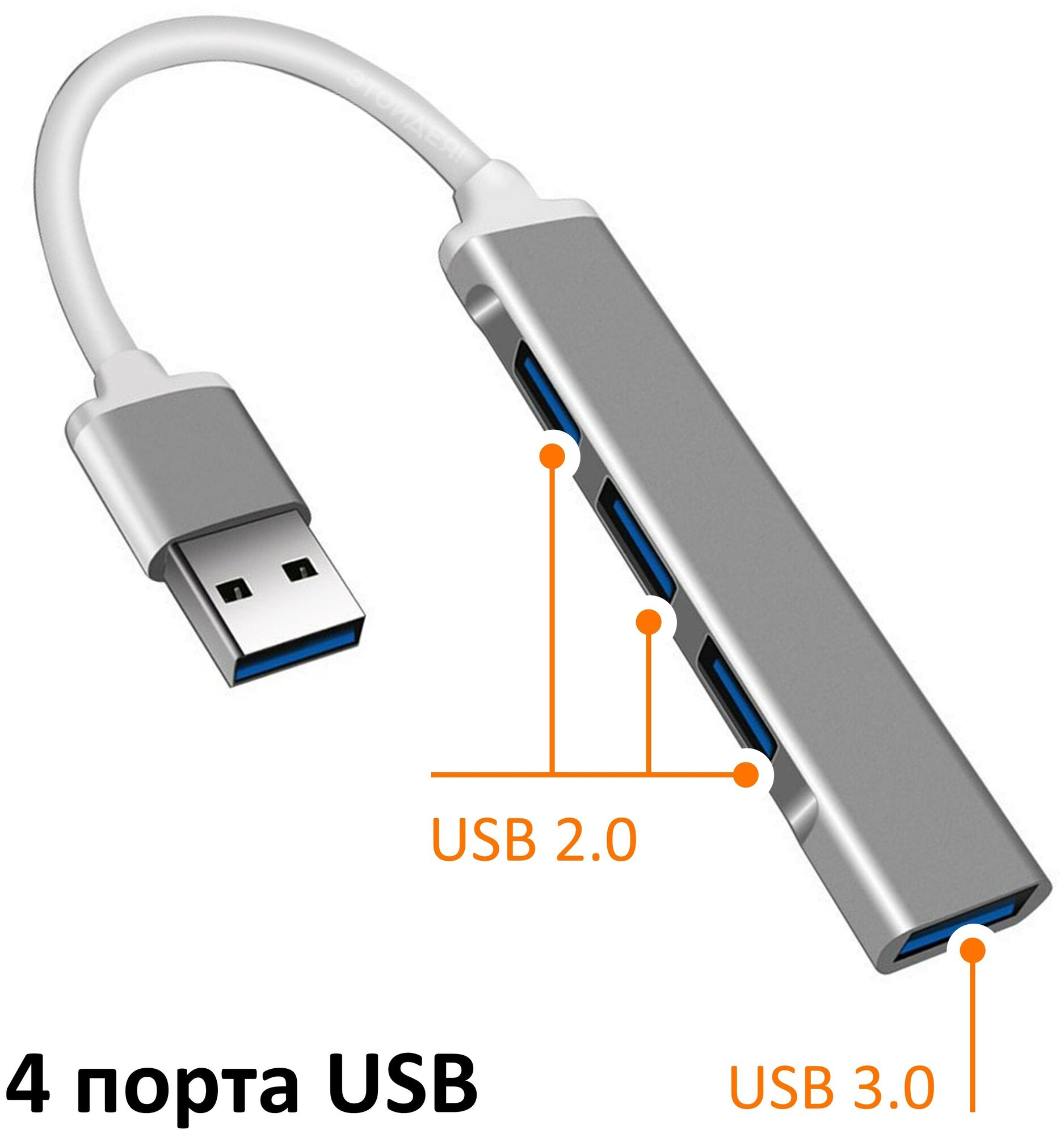 Мини USB хаб NOBUS на 4 порта (USB 3.0 и 2.0), темно-серый / переходник USB-A для ноутбука