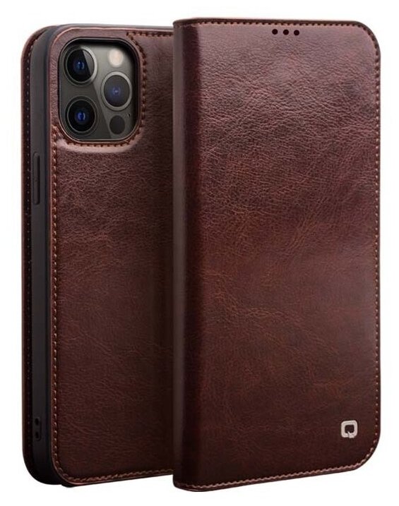 Чехол-книжка Чехол. ру Premium для iPhone 12 mini (5.8) из качественной натуральной мраморной кожи буйвола прошитый элегантной прострочкой коричневы.