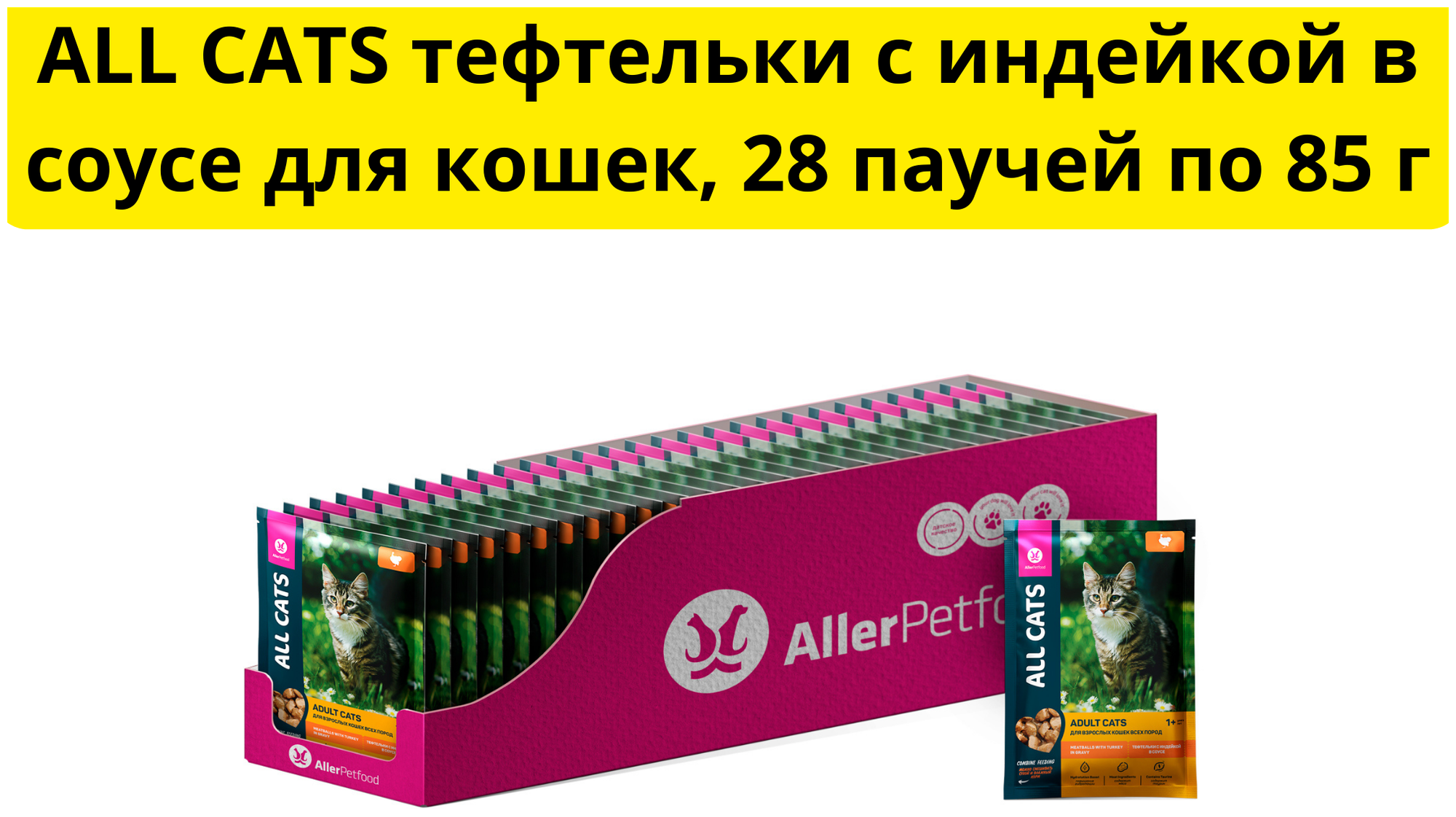 Корм влажный ALL CATS ADULT тефтельки индейка в соусе для взрослых кошек (28шт x 85 г) — фото 1