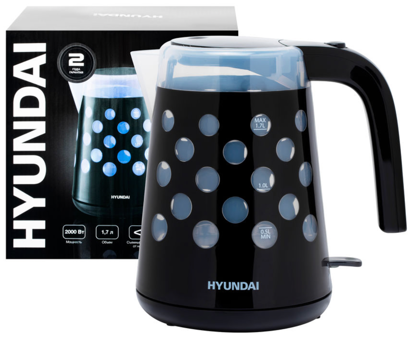 Чайник электрический Hyundai, чайник мощностью 2200Вт, чайник объемом 1,7л, чайник черного цвета с рисунков в форме "кругов"