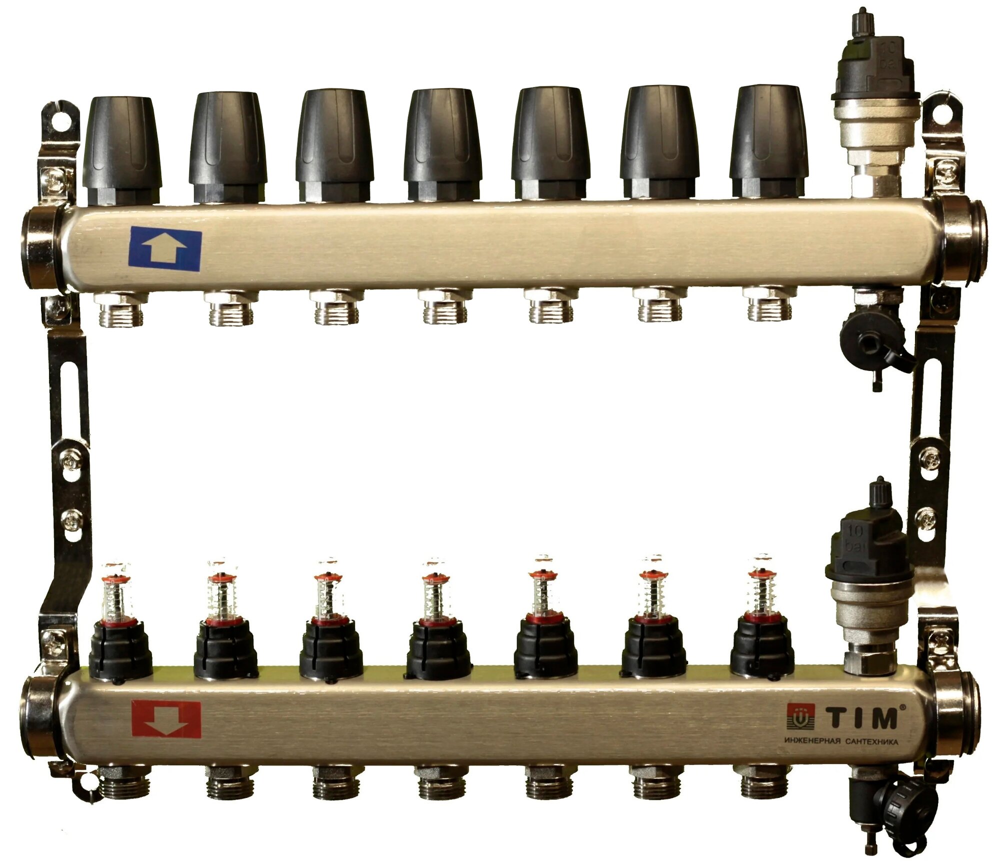 Коллекторная группа Tim (KCS5007) 1" ВР-ВР, 7 отводов 3/4", расходомер, воздухоотводчик, сливной кран