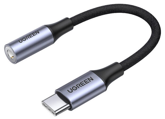 Аудиоадаптер Ugreen USB C - AUX Jack 3.5 мм (f) с чипом DAC (ЦАП), в оплетке, цвет серый, 10 см (80154)