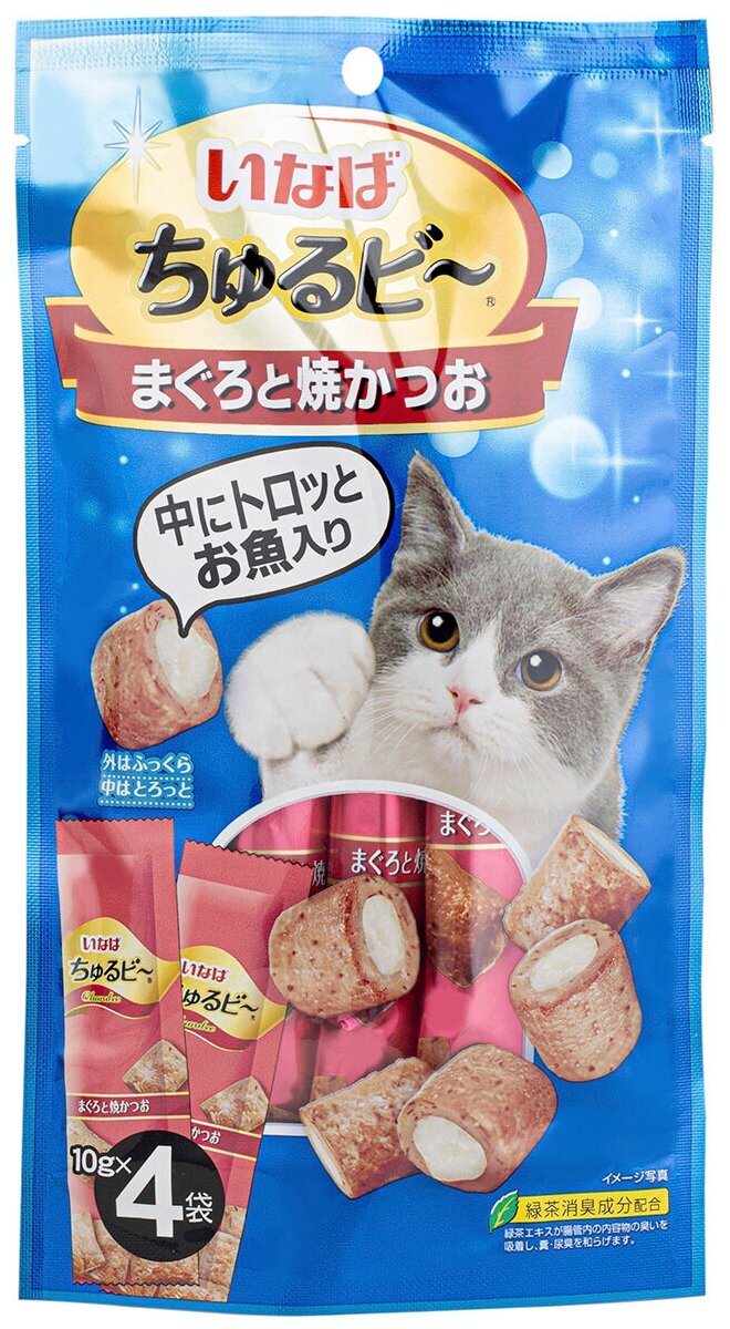 Лакомства для кошек Japan Premium Pet INABA в виде запечённых трубочек с начинкой на основе тунца бонито, 10 г х 4 пакетика