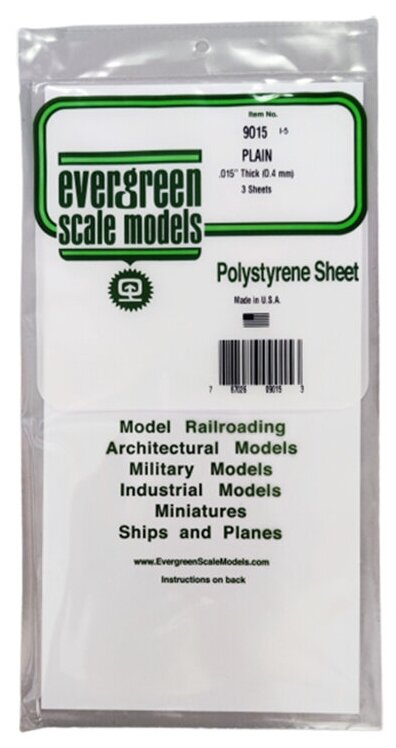 Белый пластик 0.38 мм, 3 листа 15х30 см, для моделирования, Evergreen