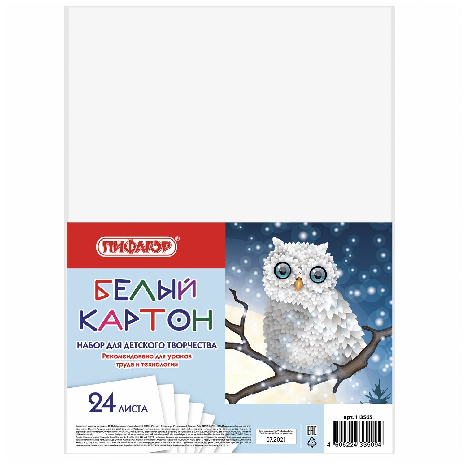 Картон белый Пифагор А4, немелованный, 24 листа, 200х290 мм, "Совушка" (113565)