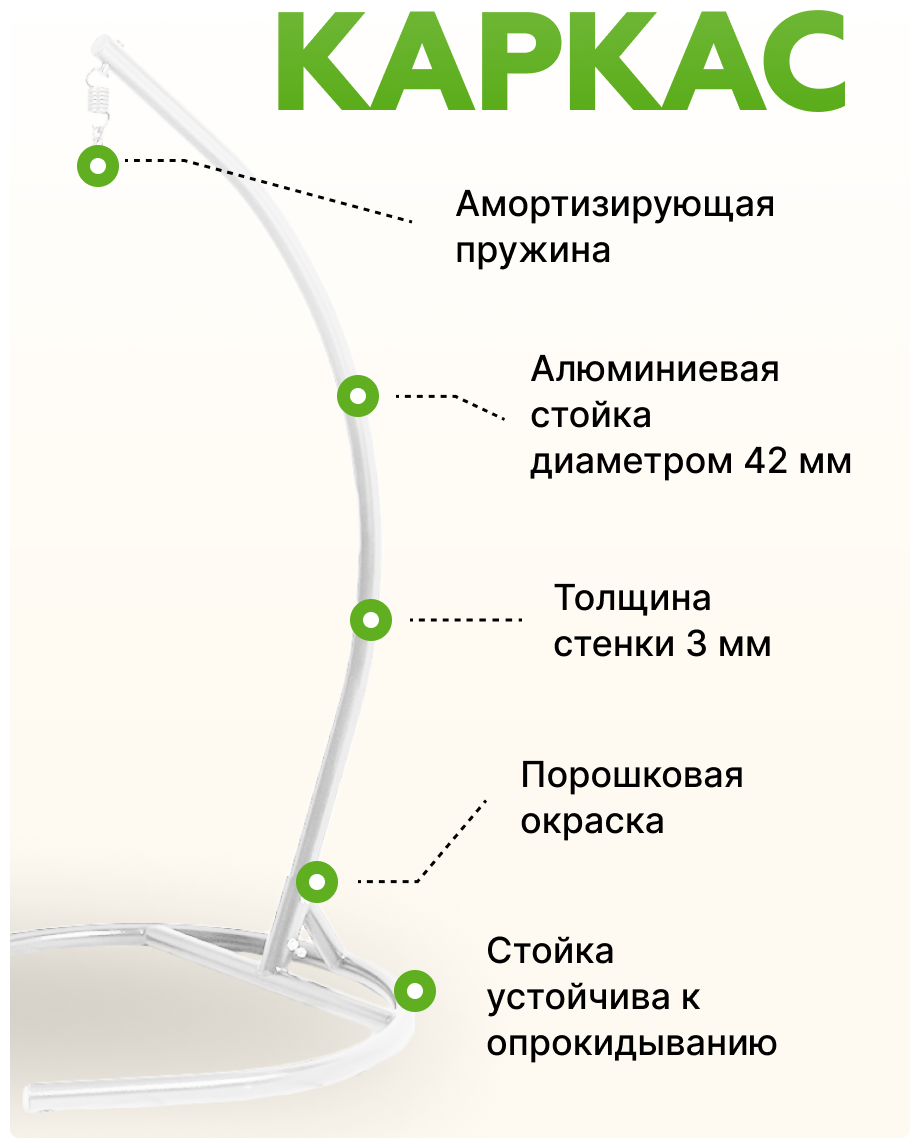 Подвесное двухместное кресло-кокон FISHT белый + каркас (зеленая подушка, полиэстер) - фотография № 3