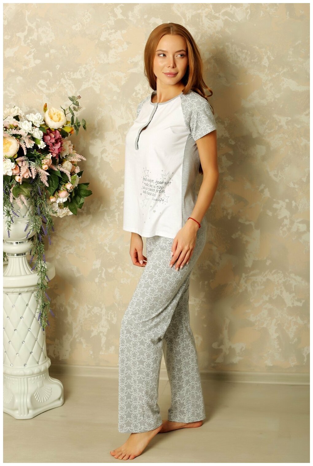 Женская пижама Good Night Серый размер 48 Кулирка Лика Дресс футболка с застежкой на пуговицы рукав короткий брюки прямые с карманами - фотография № 3