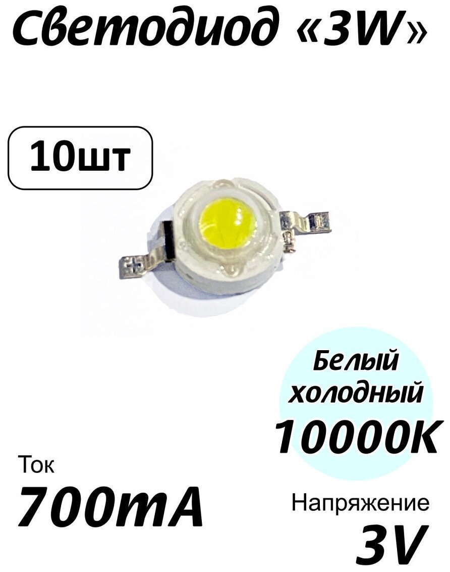 Светодиод 3W холодный белый 10000К Bridgelux 2х23x45 700 мА KRTLED. Комплект 10 шт.