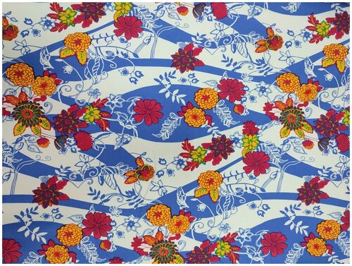 Джинсовая ткань стрейч, принт (голубые полосы, цветы). Отрез 2 м.