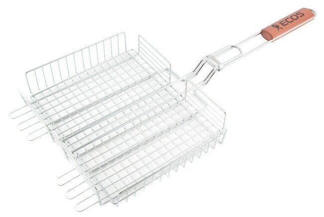 Решетка-гриль ECOS 24х31х5см хромированная сталь/деревянная ручка для приготовления мяса / рыбы / овощей / стейков