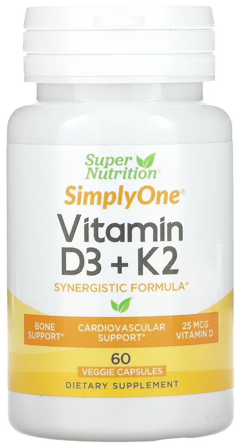 Super Nutrition Vitamin D3 1000 IU + K2 40 mcg 60 капсул / Для костей зубов суставов лица / Препарат для женщин и мужчин