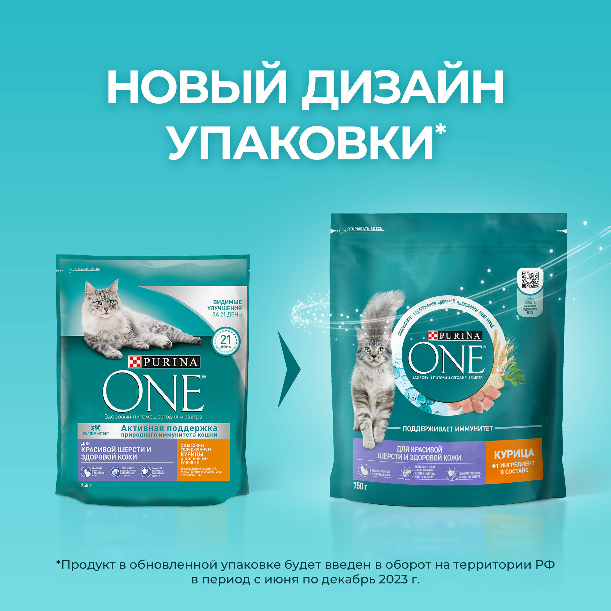 Сухой корм PURINA ONE® для взрослых кошек для красивой шерсти и здоровой кожи с курицей, 750 г — фото 1