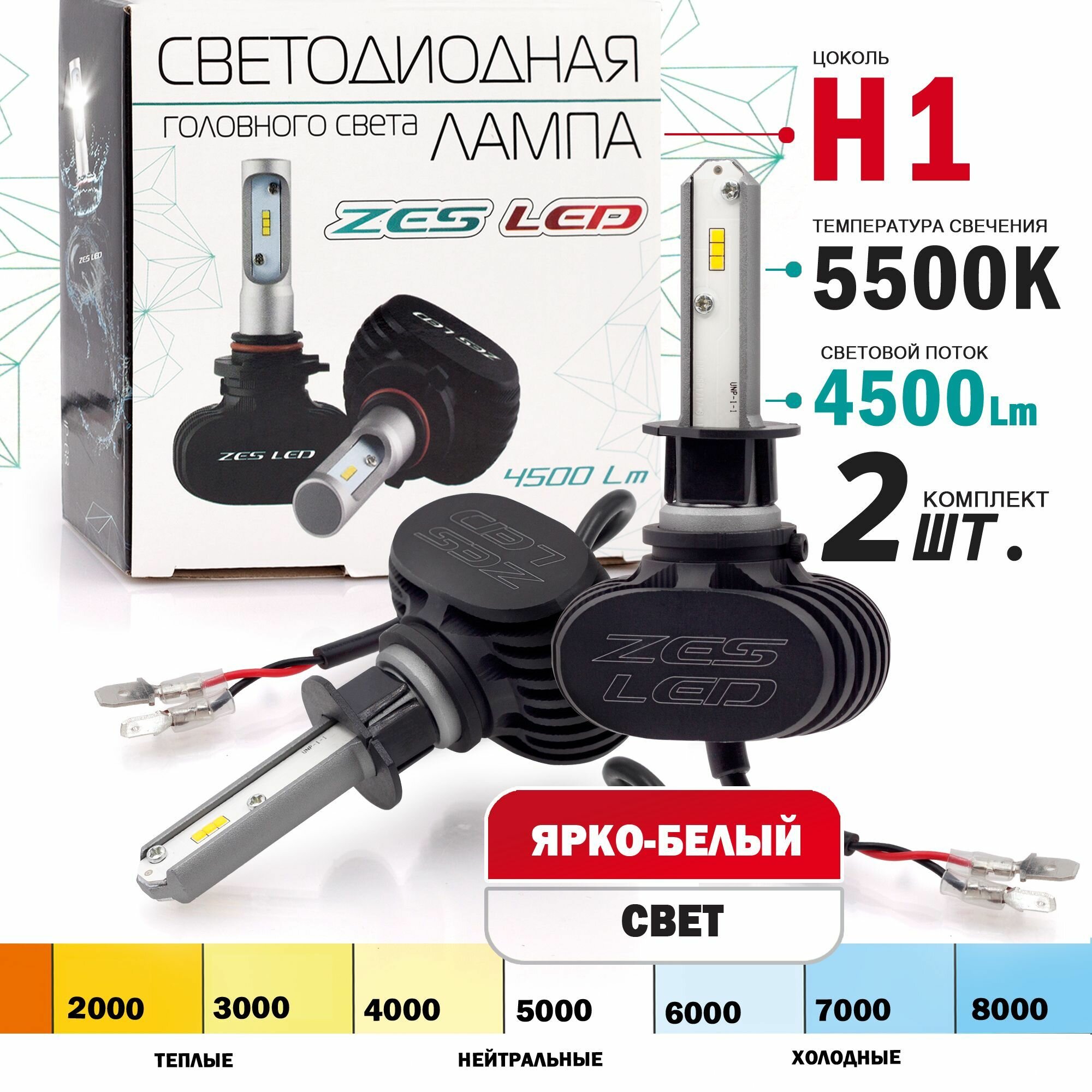 Светодиодные лампы ZES LED H1 5500K головной свет (радиатор) комплект 2 штуки