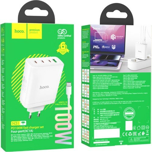 Блок питания сетевой 1 USB, 3 Type-C HOCO N31, Leader, 100Вт, PD, кабель Type-C-Type-C, белый