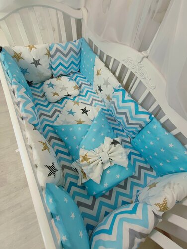 Изображение товара Комплект бортиков в кроватку из 16 предметов Mamdis для новорожденных и малышей голубой