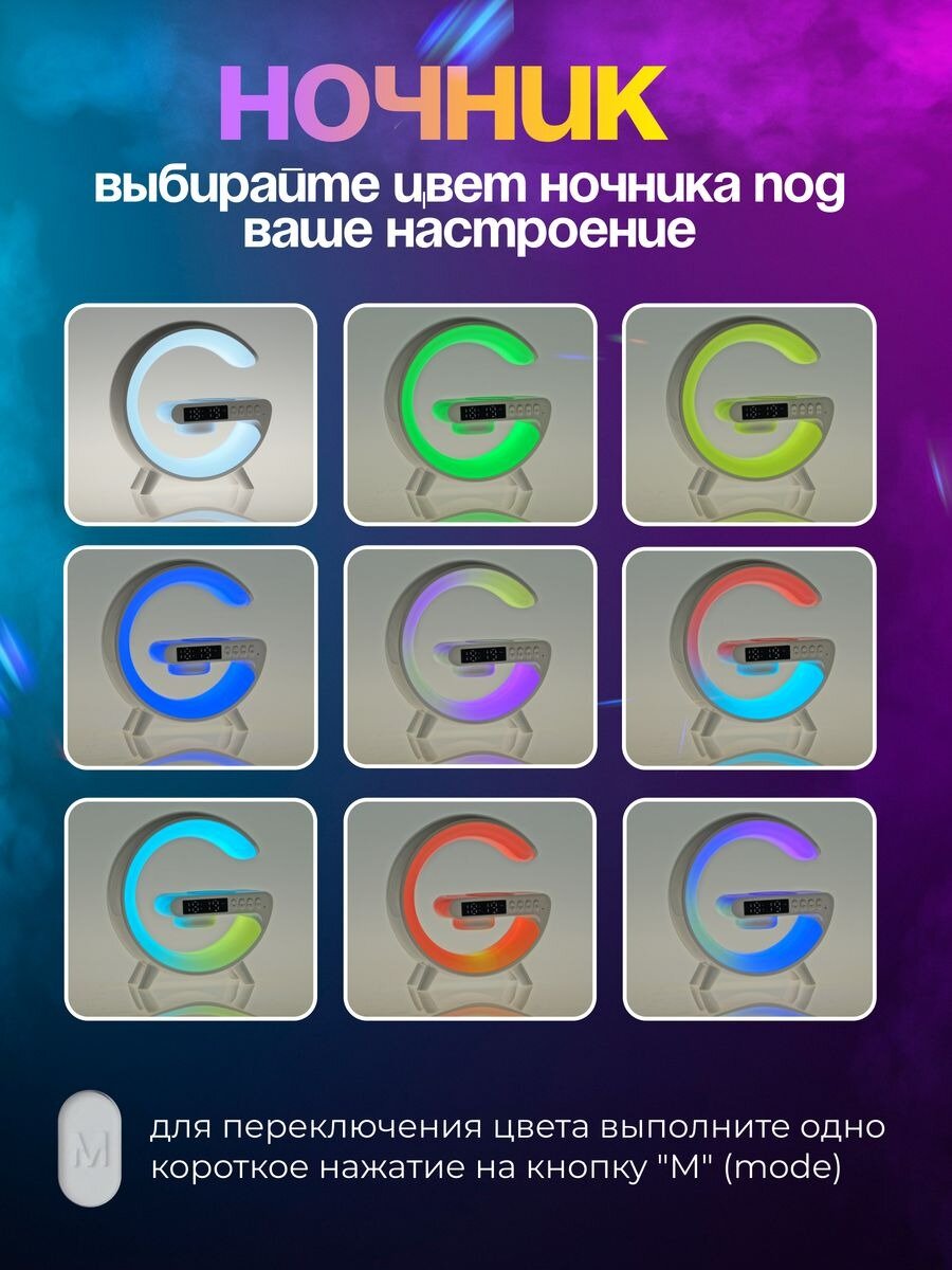 Многофункциональный умный декоративный портативный светильник, ночник BLUETOOTH, музыкальная колонка, Беспроводная зарядка для iphone и android, white — фото 1