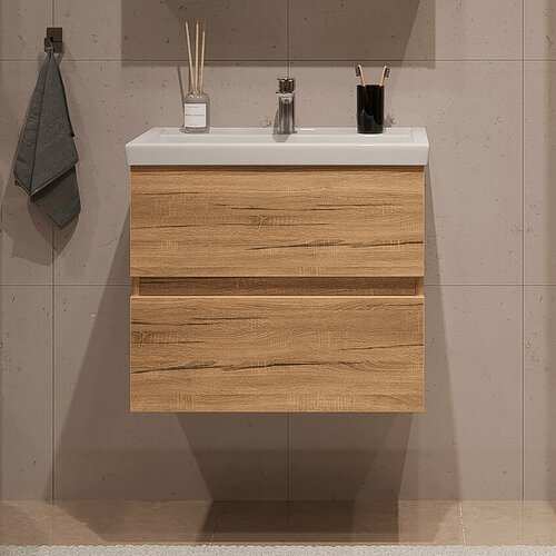 Изображение товара Тумба подвесная SanStar Lavanti 50 с раковиной Фостер 50 (комплект) для ванной комнаты Дуб вотан