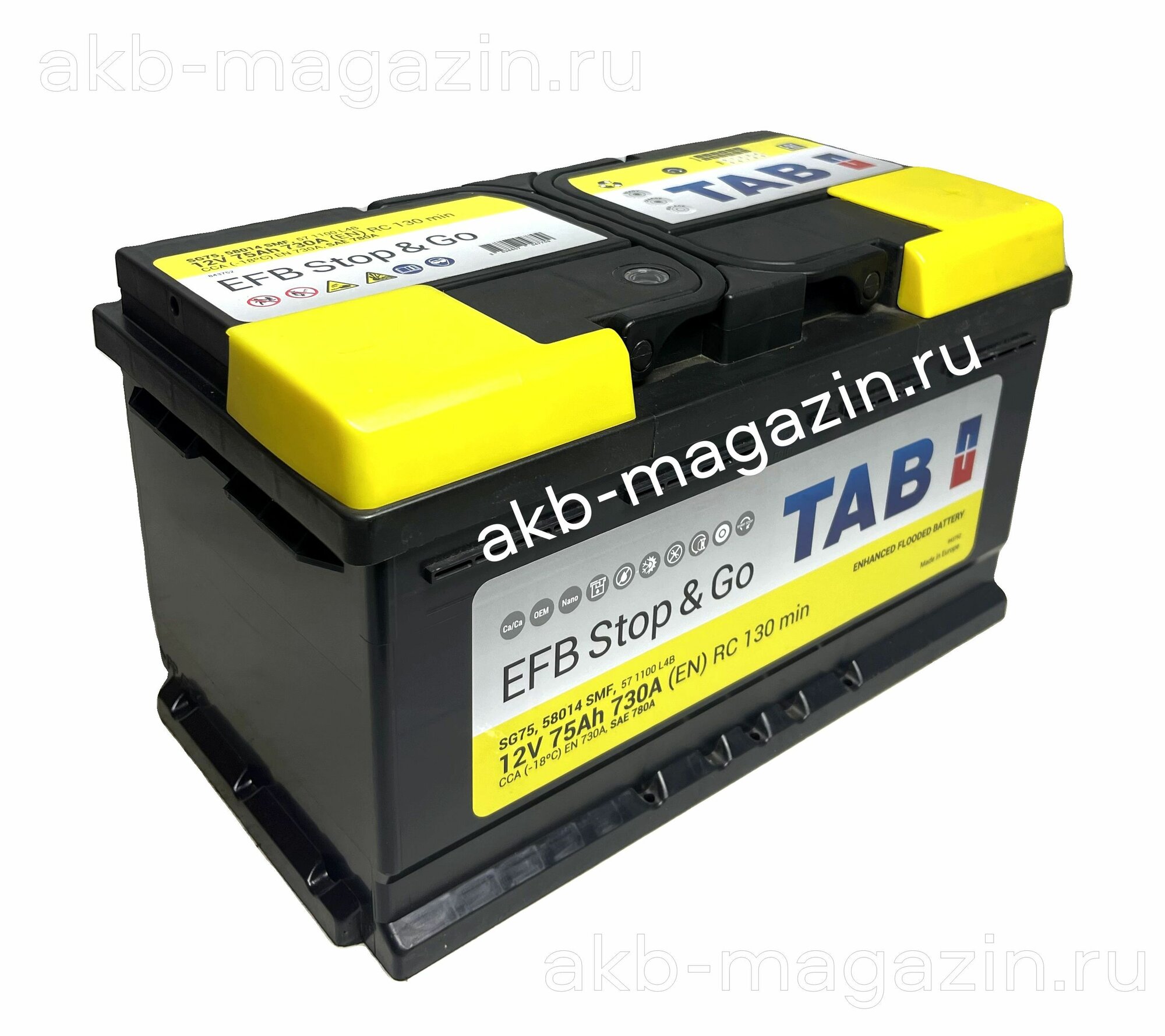Автомобильный аккумулятор премиум класса TAB EFB Stop&Go 6СТ-75 Ah обратная полярность, низкий (315х175х175)