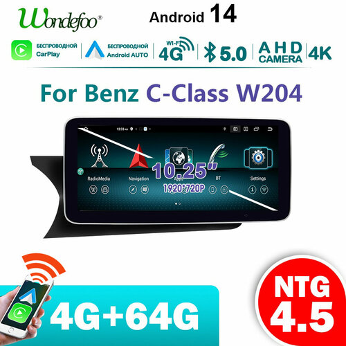 фото Штатная автомагнитола 4g64g aндроид 14 для benz c-class w204 2011-2014 carplay android auto синий зуб 4.5 автомагнитола wondefoo