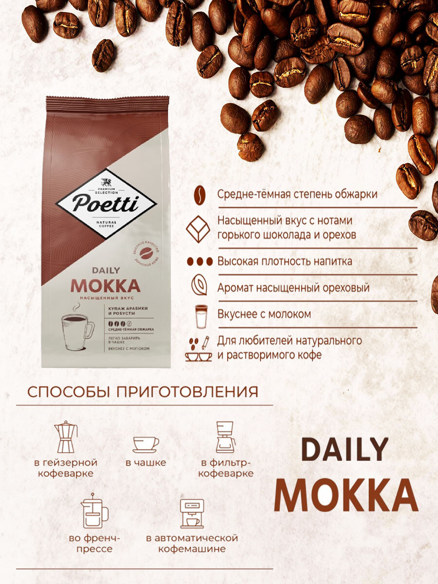 Зерновой кофе Poetti "Daily Mokka", арабика и робуста, средняя/темная обжарка, 1кг