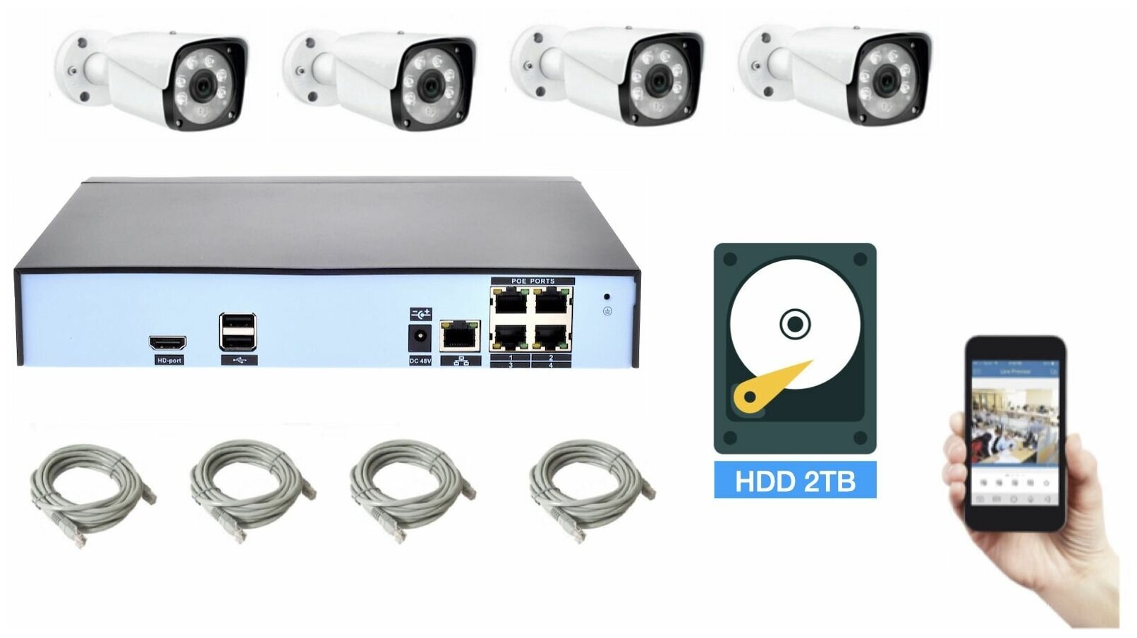 Полный IP POE комплект видеонаблюдения на 4 камеры (KIT4IPPOE20MB3_HDD2TB_UTP-2)