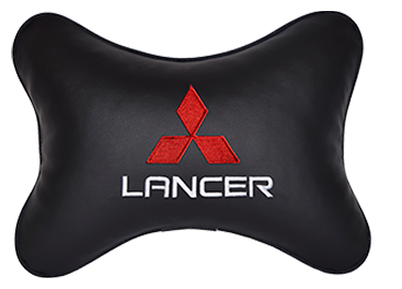Автомобильная подушка на подголовник экокожа Black c логотипом автомобиля MITSUBISHI Lancer