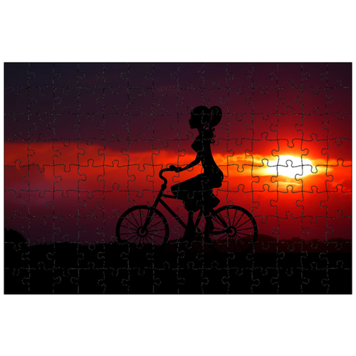 фото Магнитный пазл 27x18см."восход солнца, силуэт, велосипед" на холодильник lotsprints