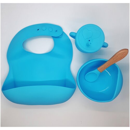 фото Набор детской силиконовой посуды (тарелка, ложка, нагрудник, поильник) голубой квестмагия
