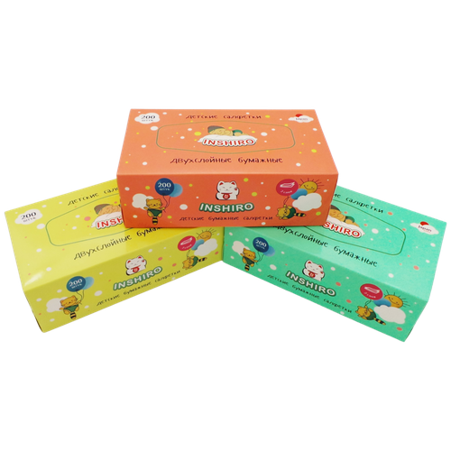 Купить Салфетки в коробке INSHIRO PurPure Детские 2-х. сл. белые (200 шт, зеленый/красный/желтый