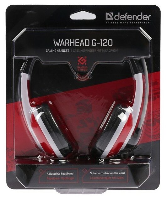 Наушники Defender Warhead G-120, игровые, полноразмерные, микрофон, 3.5мм, 2 м,черно-красные