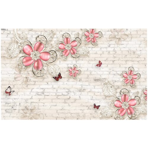 Фотообои Уютная стена 3D Драгоценные цветы на кирпичной стене 430х270 см Бесшовные Премиум (единым полотном)
