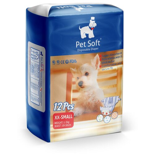 Подгузник для собак PET SOFT DIAPER , 3 цвета, размер XXS (вес 1-3кг, талия 18-30см) 12шт (124)