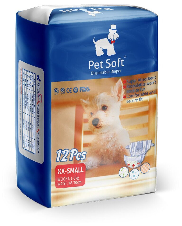 Подгузник для собак PET SOFT DIAPER , 3 цвета, размер XXS (вес 1-3кг, талия 18-30см) 12шт (124)