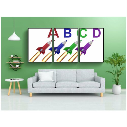 фото Набор модулных постеров для интерьера "обратно в школу, цветные карандаши, летающий" 60x90 см. в тубусе, без рамки lotsprints