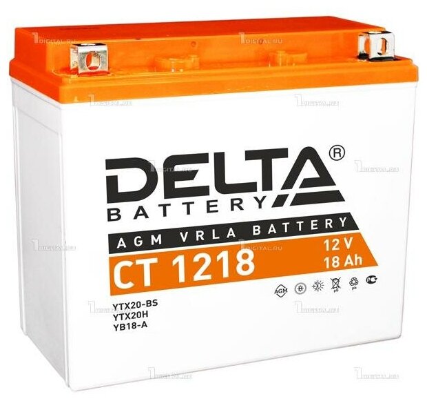 Аккумулятор DELTA CT-1218 для мототехники (12В, 18Ач / стартерный ток 270А) YTX20-BS, YTX20H, YB16-B-CX, YB16-B