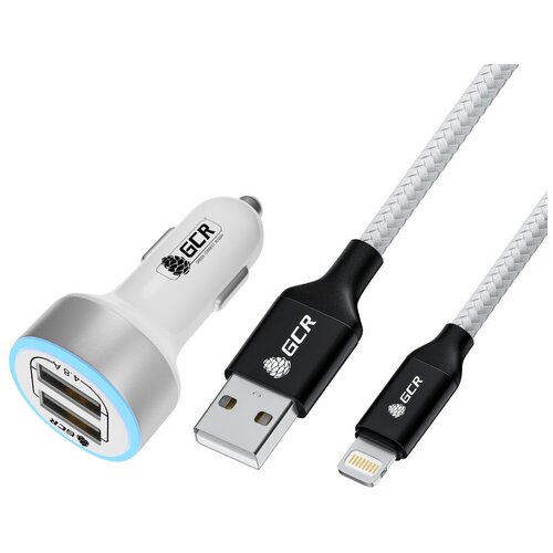 Комплект АЗУ на 2 USB порта 4.8А LED + кабель Lightning 2.4A MFI нейлон для iPhone SE 12 11 X 8 7 (UP-518). белый. 1.0м