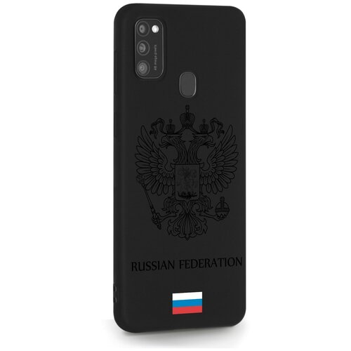 Черный силиконовый чехол MustHaveCase для Samsung Galaxy M21 Черный лаковый Герб Россия для Самсунг Галакси M21