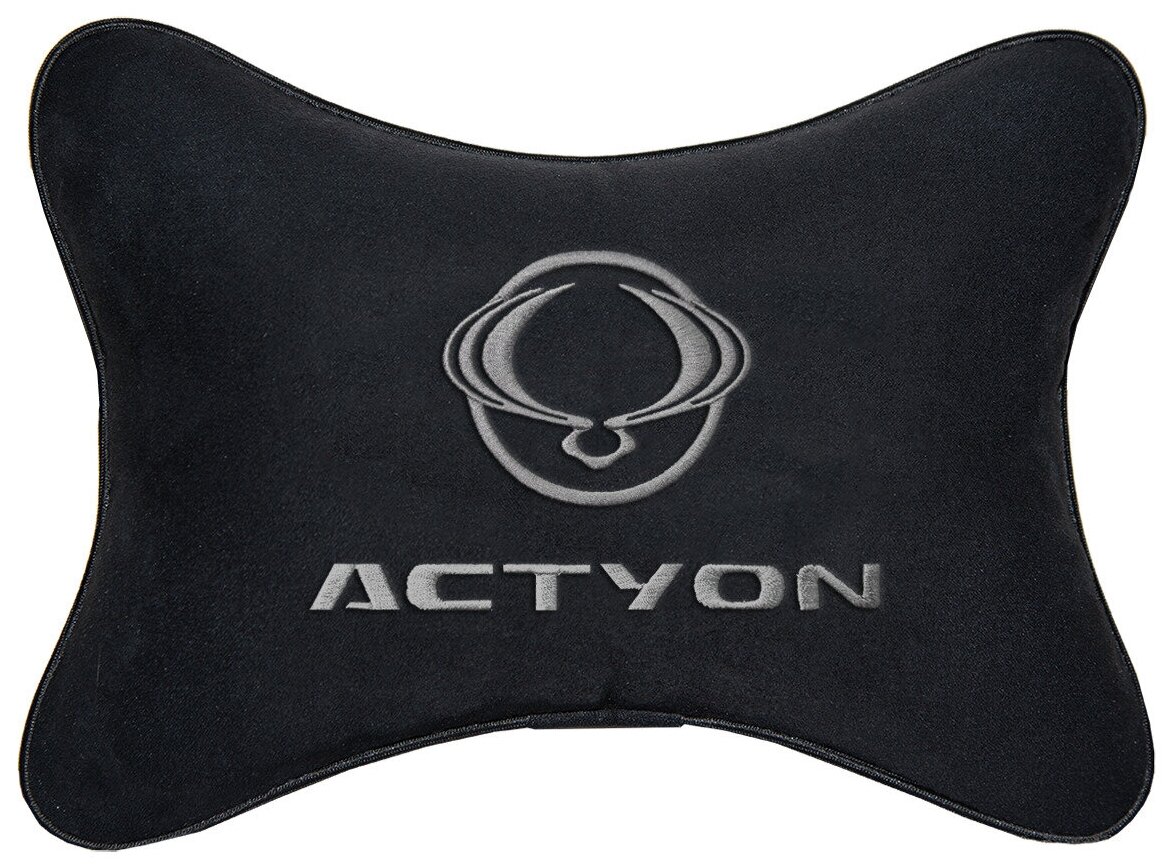 Автомобильная подушка на подголовник алькантара Black с логотипом автомобиля SsangYong Actyon