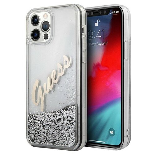 фото Guess чехол guess liquid glitter script vintage logo для iphone 12 pro max, серебристый