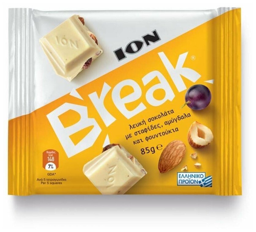 ION Break Брейк шоколад белый с миндалём, лесными орехами и изюмом, 12 шт по 85 г