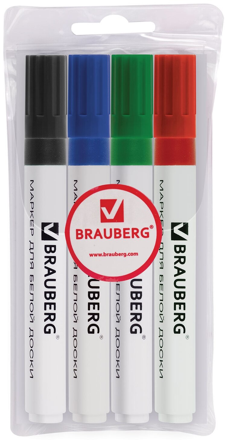 Маркеры для доски BRAUBERG, набор 4 шт., классические, круглый наконечник 5 мм (черный, синий, красный, зеленый), 150417