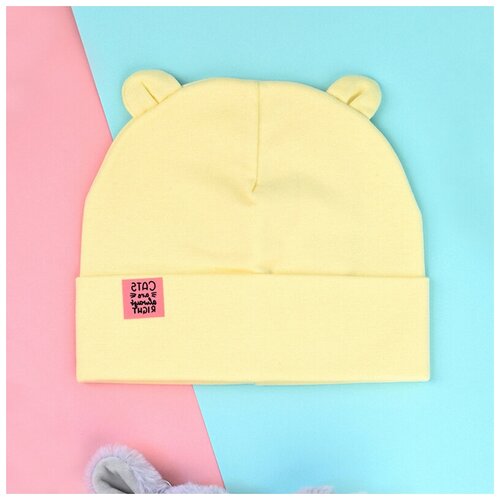 фото Шапка для девочки и мальчика детская на осень демисезонная двойная с ушками cats are always right, светло-желтая размер 54-56 baziator