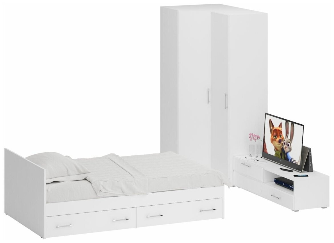 Мебель для спальни белая Стандарт № 4 Стандарт с кроватью 1200 с ящиками, цвет белый, спальное место 1200х2000 мм, без матраса, основание есть