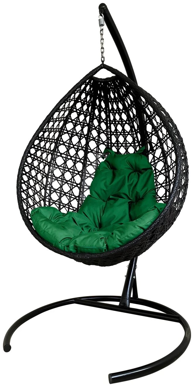 Подвесное кресло капля люкс с ротангом чёрное, зелёная подушка - фотография № 1