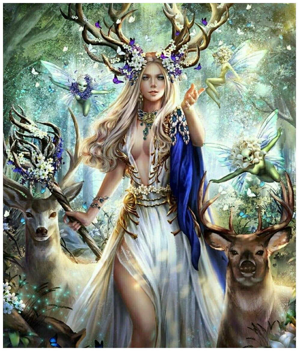 Алмазная мозаика / вышивка / картина стразами на холсте с подрамником 40х50 Лесная богиня с оленьими рогами
