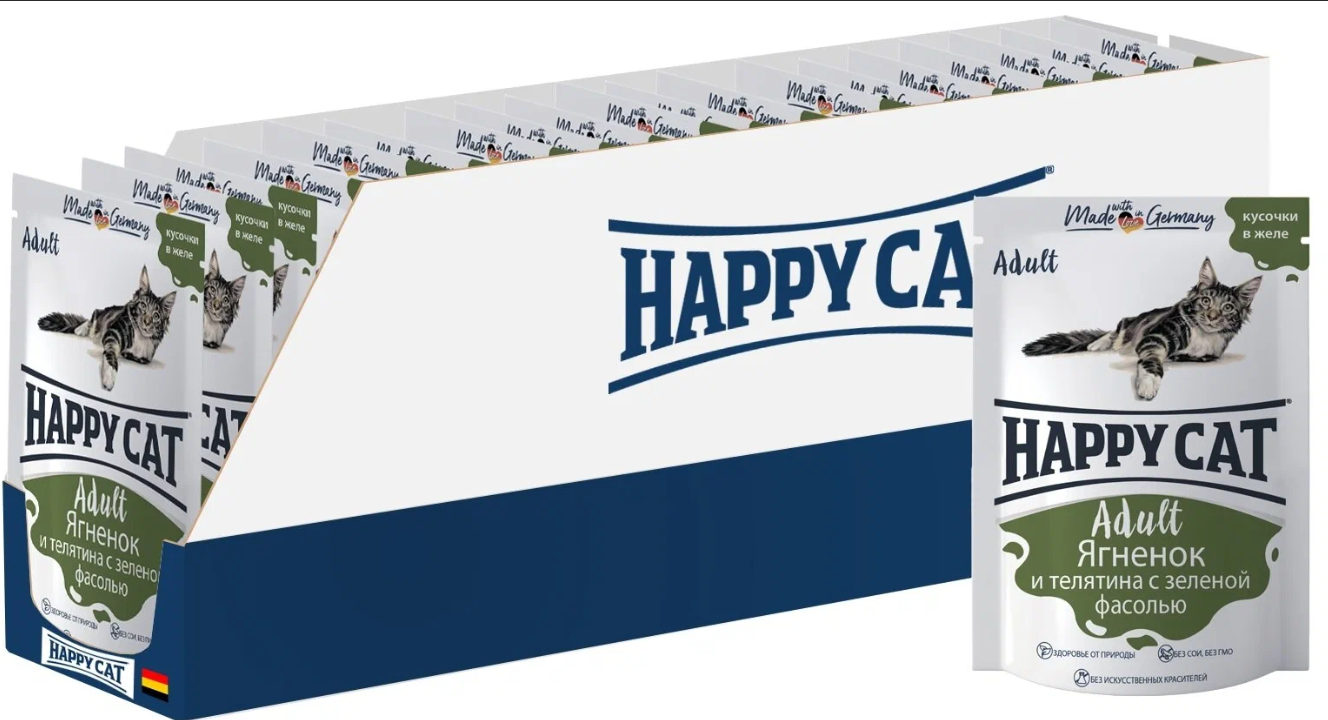 Паучи Хэппи Кэт /Happy Cat ягненок - теленок - зеленая фасоль в желе (24 шт. по 100 гр.)